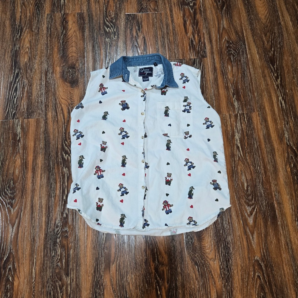 VTG 90s L Sleeveless Shirt Women White Teddy Bear Denim Collar Tank Top FLAW